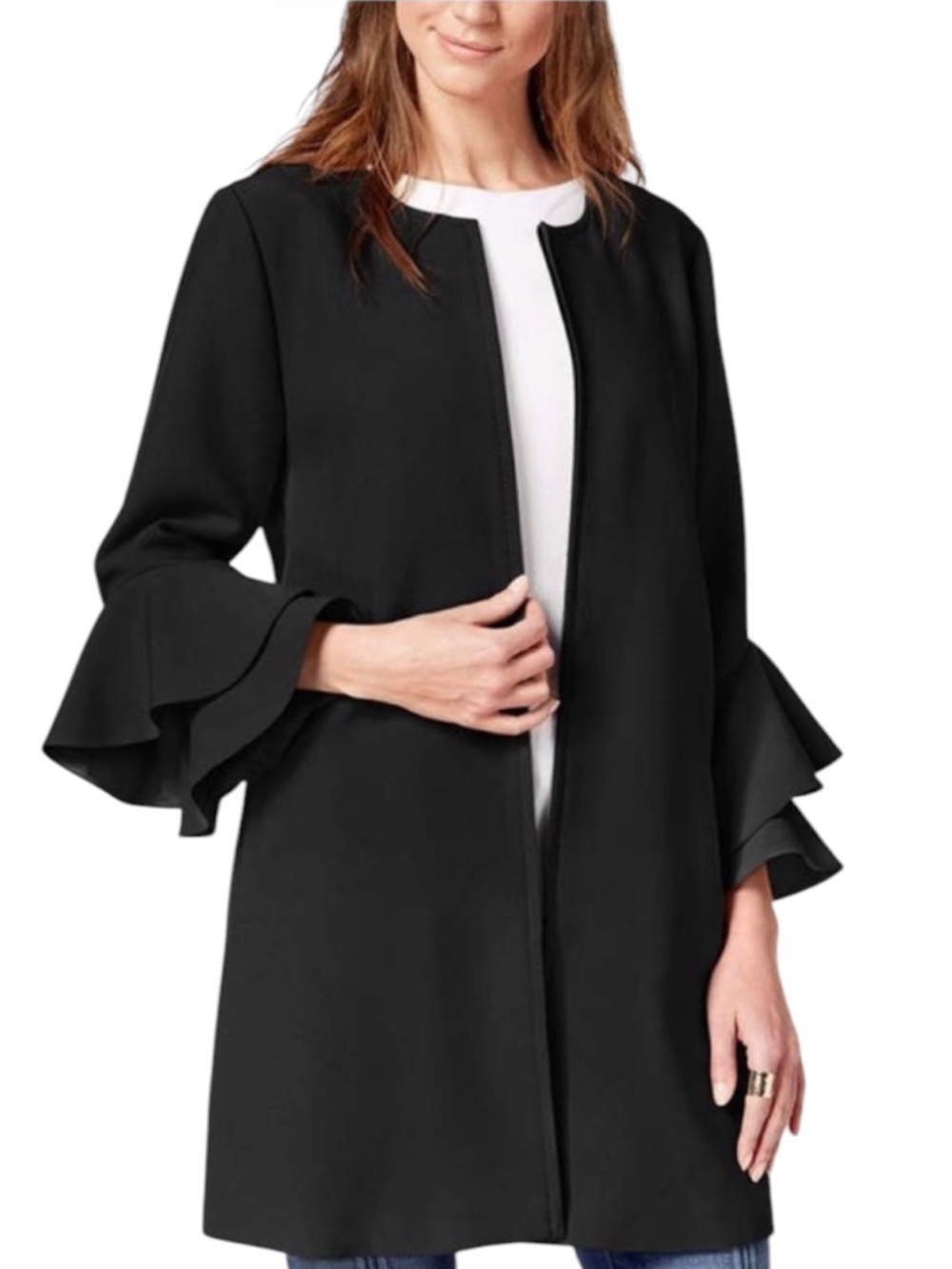Alfani Black Ruffle Tiered Sleeve Zip Front Coat Longline Jacket Size 1X